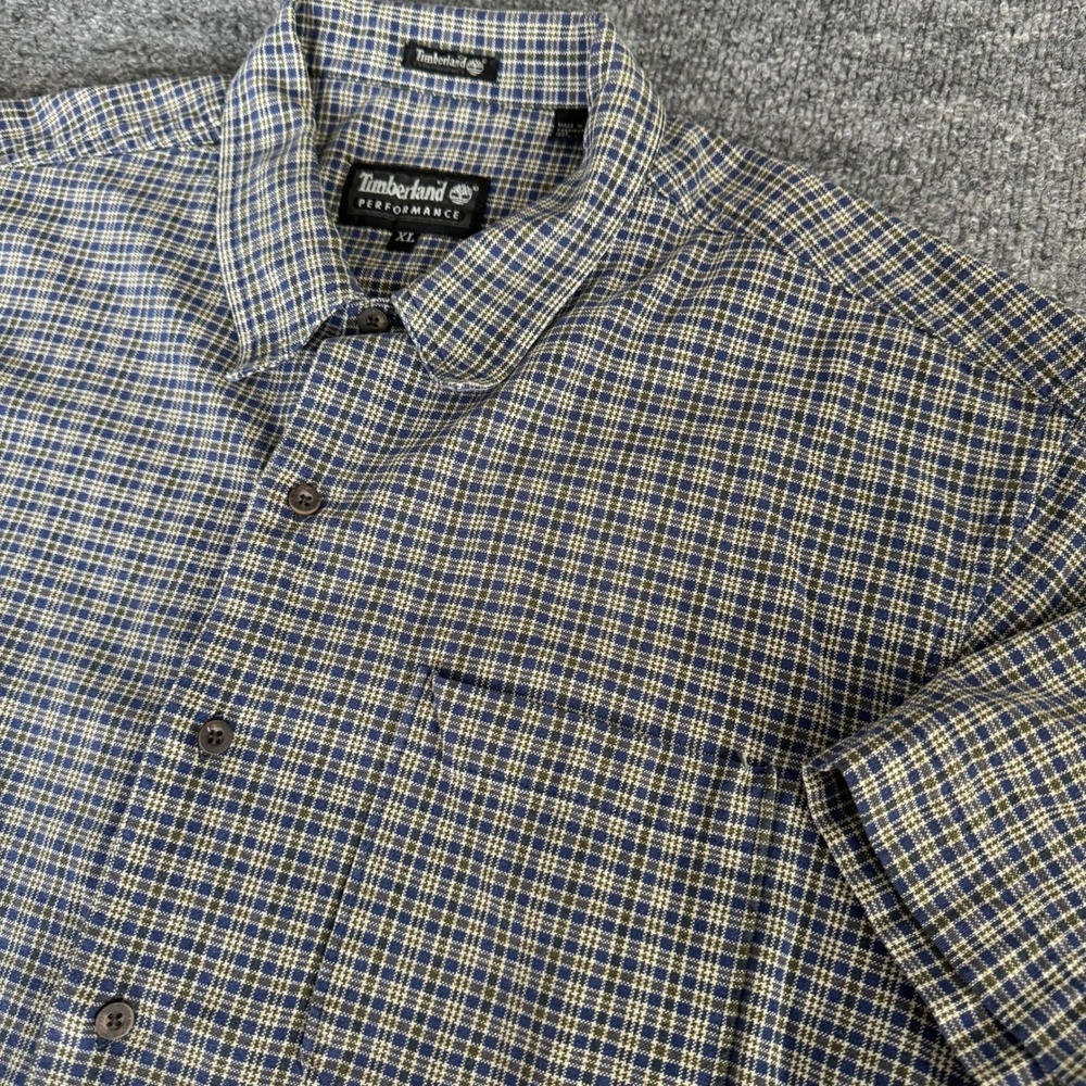 Timberland Performance Button Up Mens XL Plaid Short Sleeve Cotton Relaxed Blue